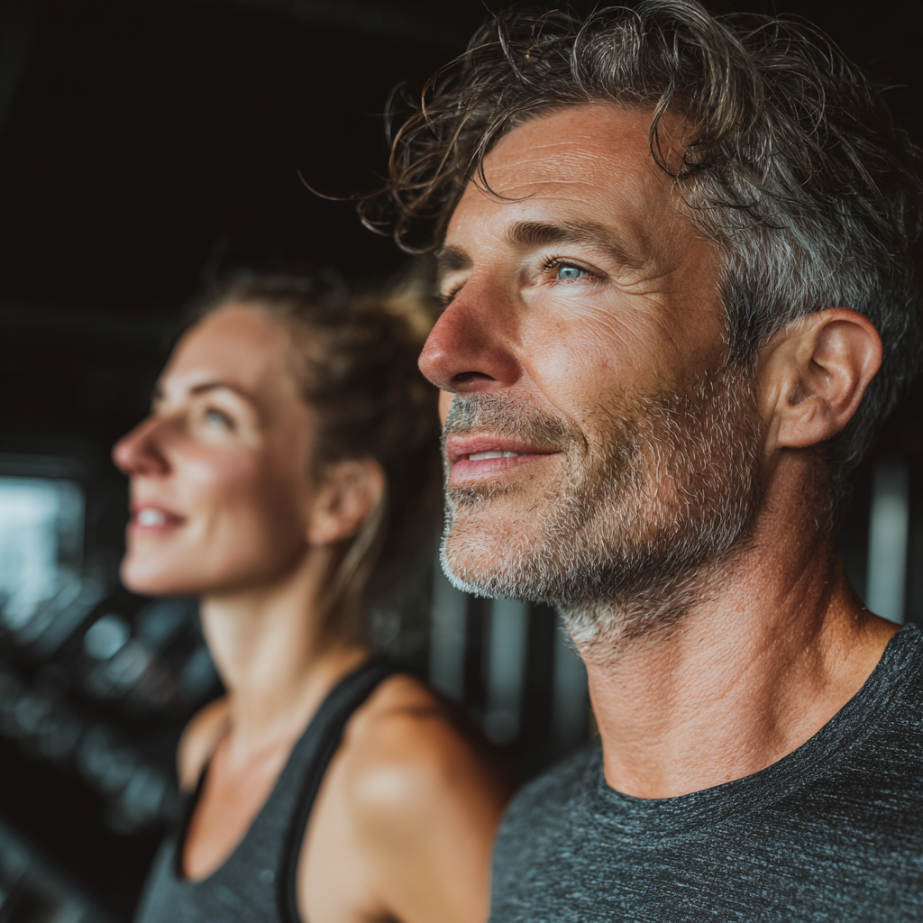 Fit middle-aged man and woman in their 40s exercising together in modern gym, showing determination and healthy lifestyle