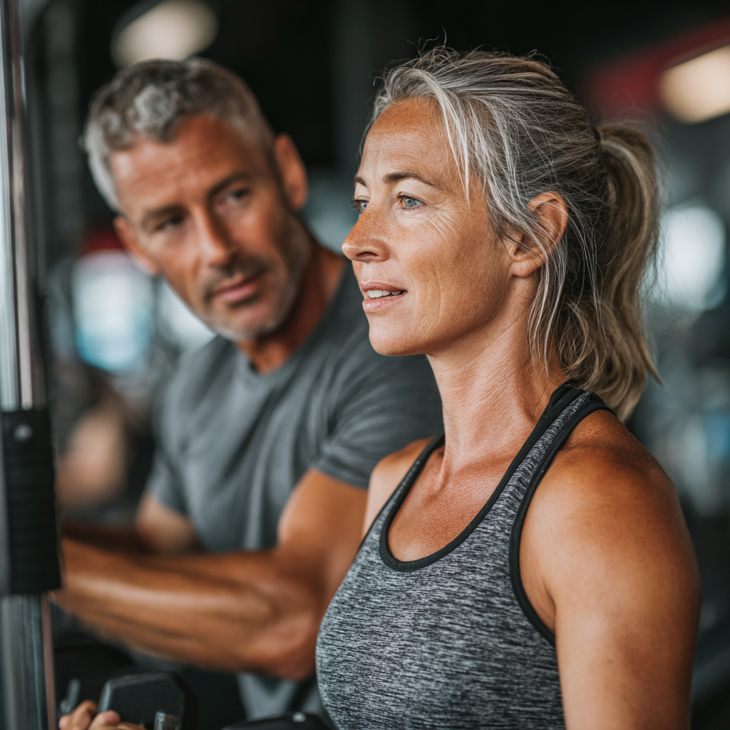 Professional fitness trainer working with mature client aged 45-50 in bright modern gym space, showing proper exercise form and guidance